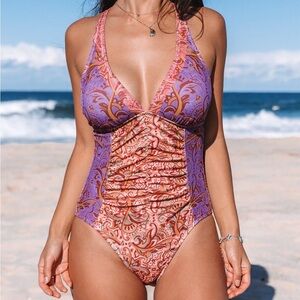 Purple and Brown Paisley One-Piece Swimsuit